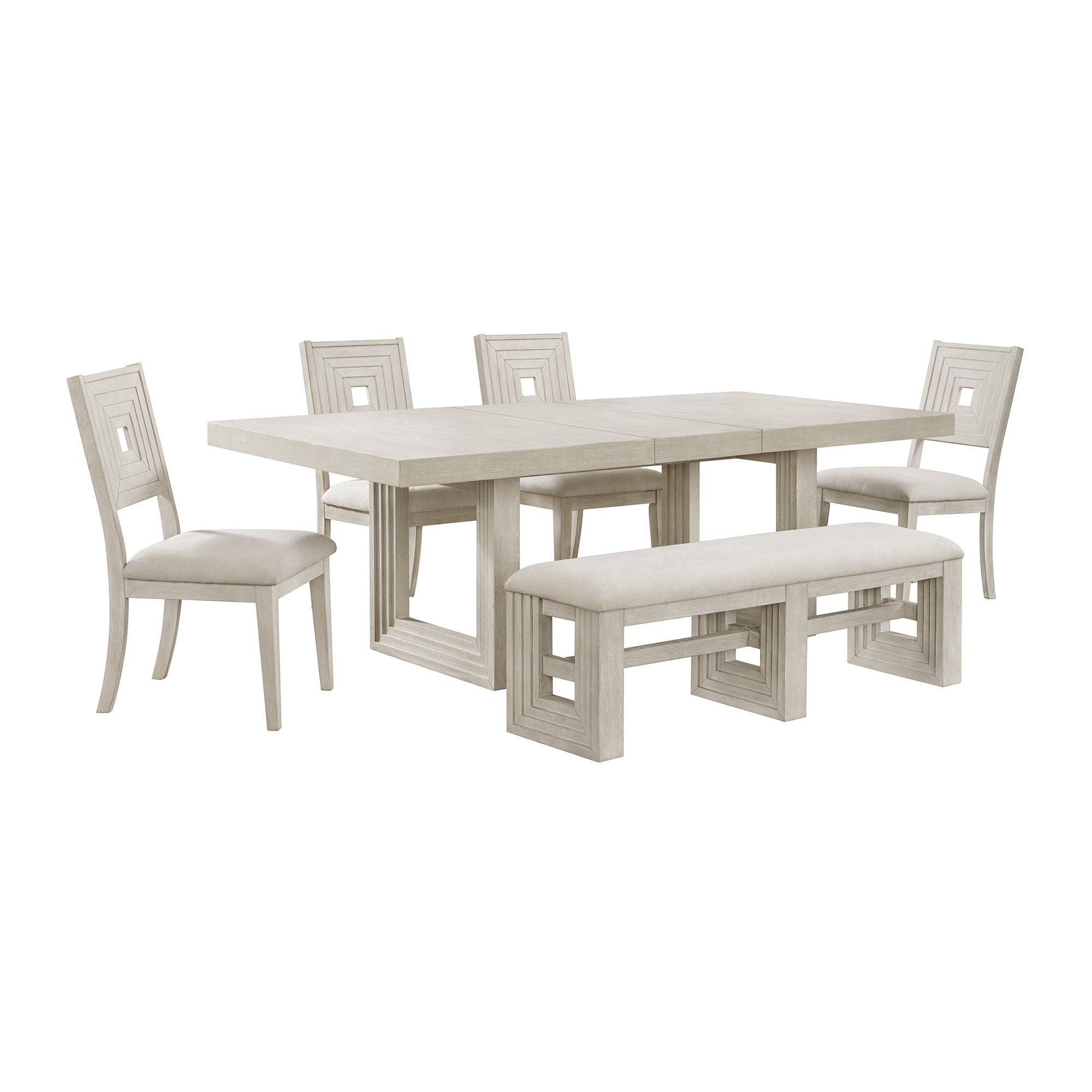 Avalanche 6PC Standard Height Dining Set in Antique White-Table, Four Chairs & Bench