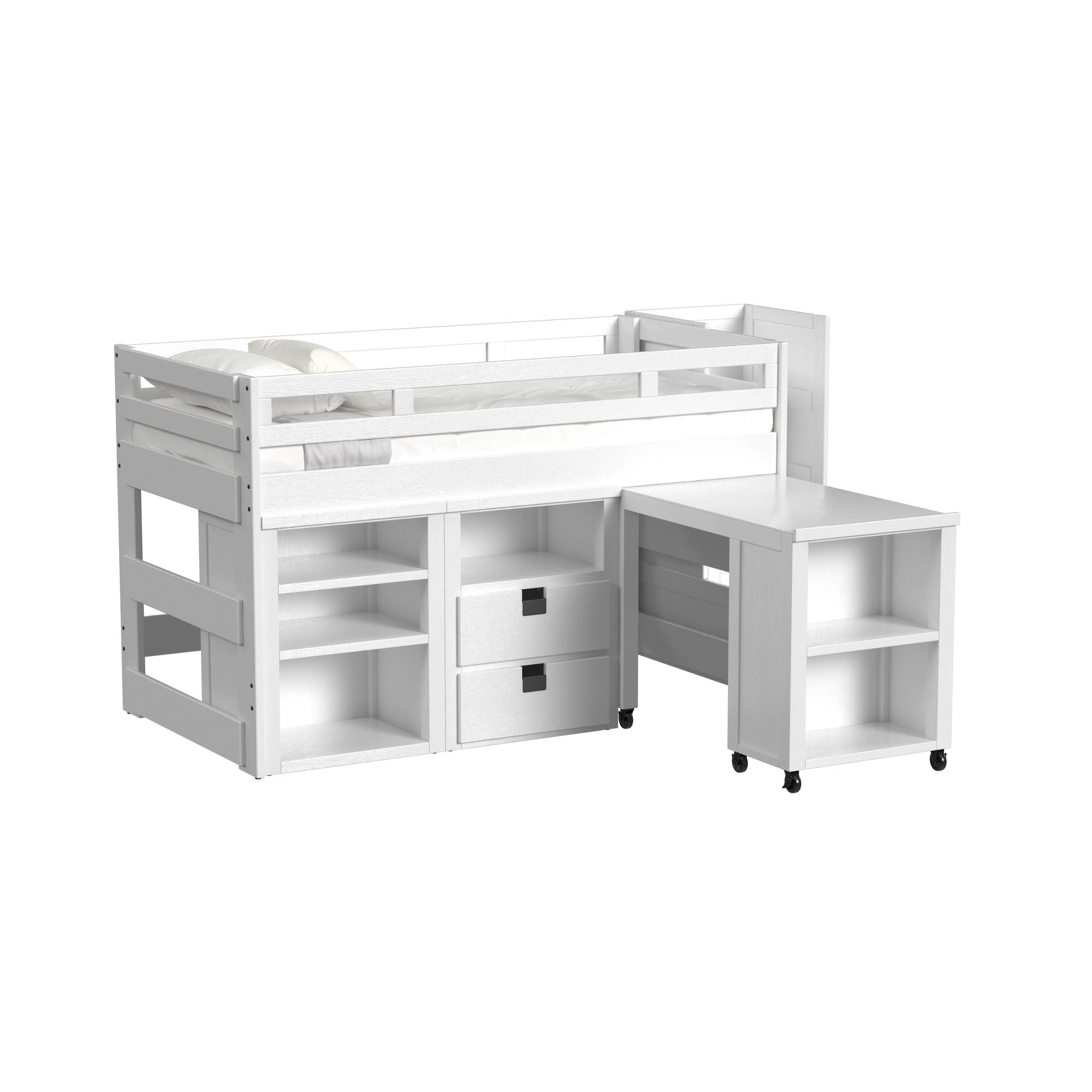 Cali Kids Twin Junior Loft with Staircase, Roller Desk, Open Shelf Unit and Two Drawer Unit in White