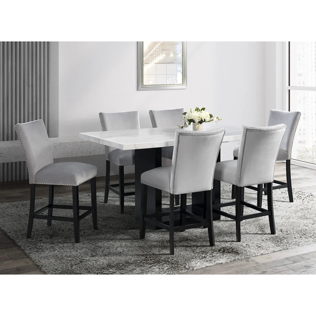 Valentino Marble Counter Height Table W/6 Francesca Counter Height Gray Chair  CVL500CTB/CVL500TT(1)- CFC300CVSC(6)