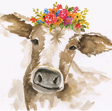 WB1363- Cow W/colorful flowers on head    24x24