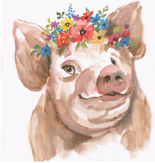 WB1365-Pig w/colorful flowers on head  24x24